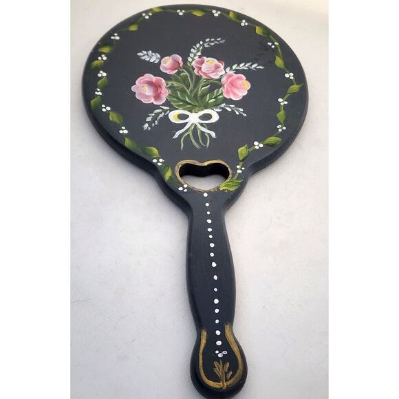 MIRROR-HAND HELD VANITY-Hand Painted-Gray-Floral-Leaves-Heart - Picture 5 of 9